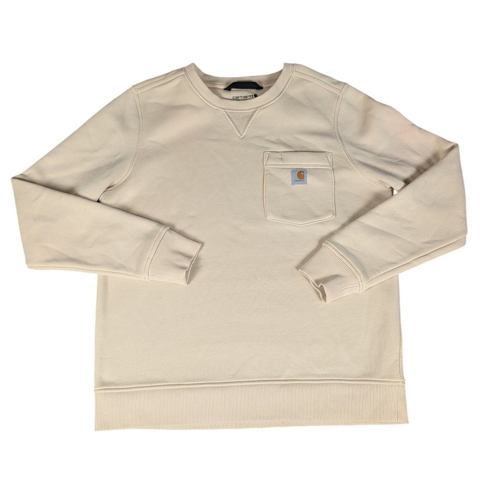 Carhartt Relaxed Fit Crewneck Sweatshirt Cream Beige Pocket Logo Women M 8-10